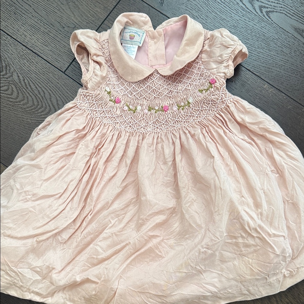 Smocked Pink Silk Baby Dress with Flower Embroidery - Vintage 0-3 Months - Tulle